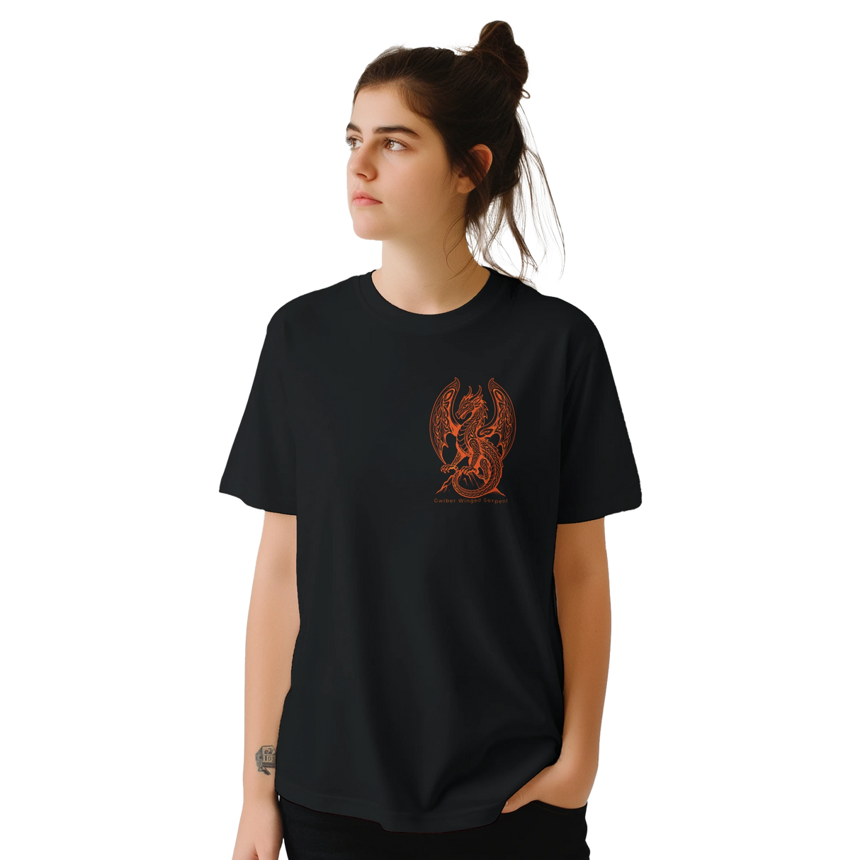 A woman wearing a black short-sleeve t-shirt with a small orange graphic of a winged creature on the left chest, set against a plain white background.