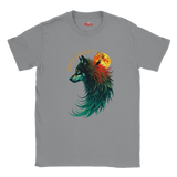 A gray short-sleeve crewneck t-shirt featuring a graphic of a wolf with a colorful gradient mane and a glowing orange full moon, with the text 'NEXT MORNING' arched above it. The brand name 'Myts' is printed inside the collar.