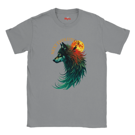 A gray short-sleeve crewneck t-shirt featuring a graphic of a wolf with a colorful gradient mane and a glowing orange full moon, with the text 'NEXT MORNING' arched above it. The brand name 'Myts' is printed inside the collar.
