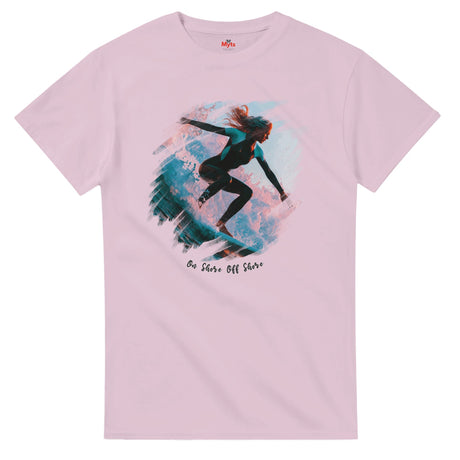 Pink t-shirt with a graphic of a person surfing and text 'Be Shore Off Shore' on a white background.