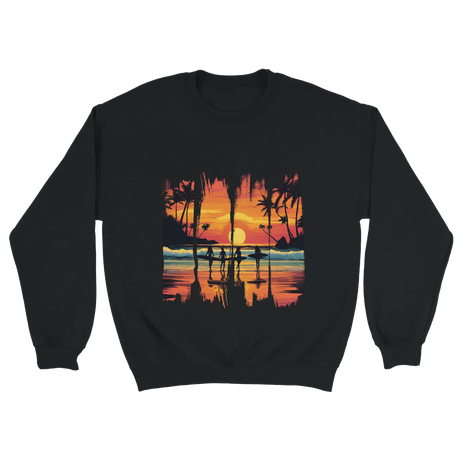 A black unisex sweatshirt featuring a vibrant tropical sunset design with silhouettes of surfers walking along a beach. The graphic includes palm trees, an orange and pink sky, and artistic brushstroke edges, creating a modern coastal vibe. Ideal for beach lovers, surfers, and casual fashion fans.

