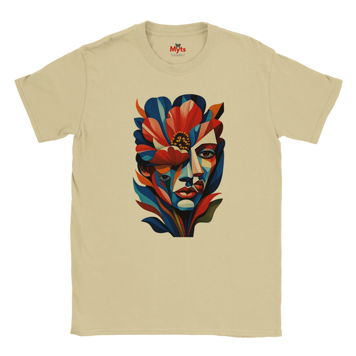 Natural T-shirt featuring a colourful abstract floral face portrait with layered blue, red, coral and yellow geometric shapes, flowers and botanical leaves.