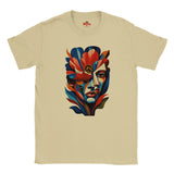 Natural T-shirt featuring a colourful abstract floral face portrait with layered blue, red, coral and yellow geometric shapes, flowers and botanical leaves.