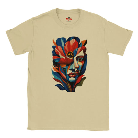 Natural T-shirt featuring a colourful abstract floral face portrait with layered blue, red, coral and yellow geometric shapes, flowers and botanical leaves.