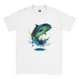 White t-shirt with a colorful fish graphic on a white background