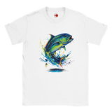 White t-shirt with a colorful fish graphic on a white background