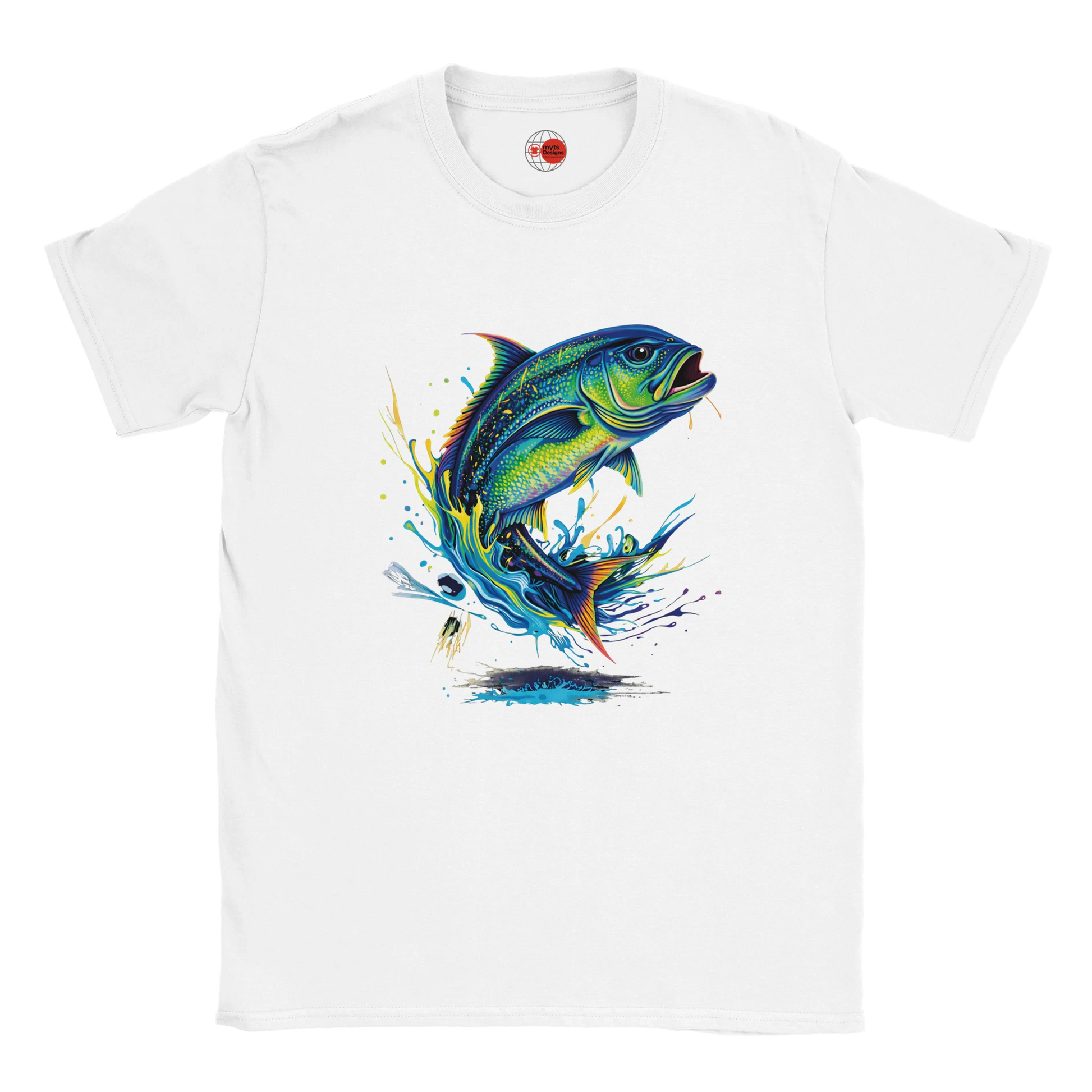 White t-shirt with a colorful fish graphic on a white background
