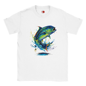 White t-shirt with a colorful fish graphic on a white background