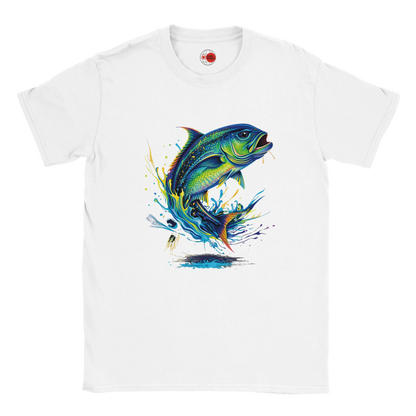 White t-shirt with a colorful fish graphic on a white background