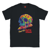 Black t-shirt with a colorful skull design and text 'Died for Extra Cheese' on a white background
