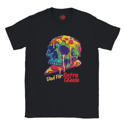 Black t-shirt with a colorful skull design and text 'Died for Extra Cheese' on a white background