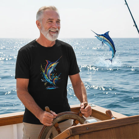 Man on a boat wearing a black t-shirt with a fish design, with a marlin graphic in the water.