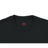Close-up of a black crewneck t-shirt showing the inner neck label with the red and white 'Myts' brand logo.