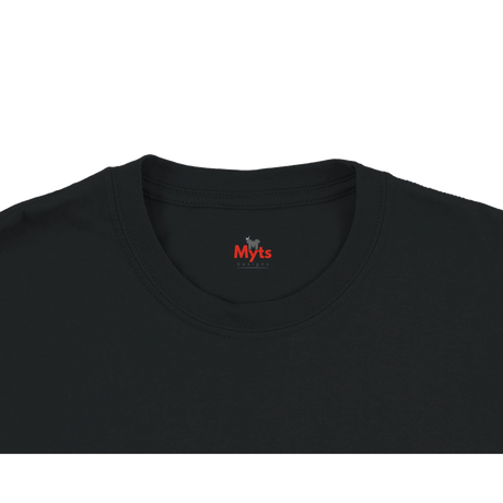 Close-up of a black crewneck t-shirt showing the inner neck label with the red and white 'Myts' brand logo.