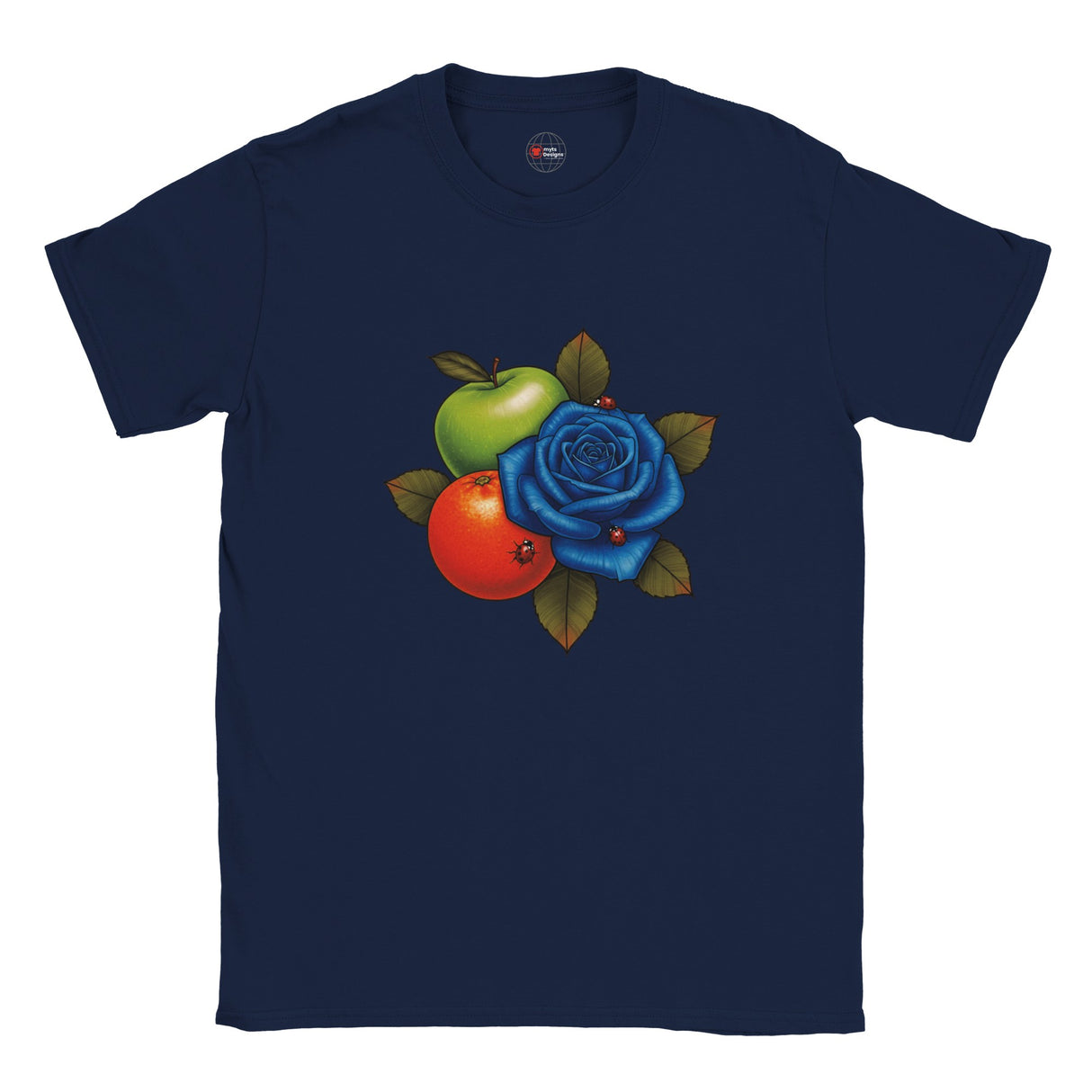 Navy blue t-shirt with a colorful fruit and flower design on a white background