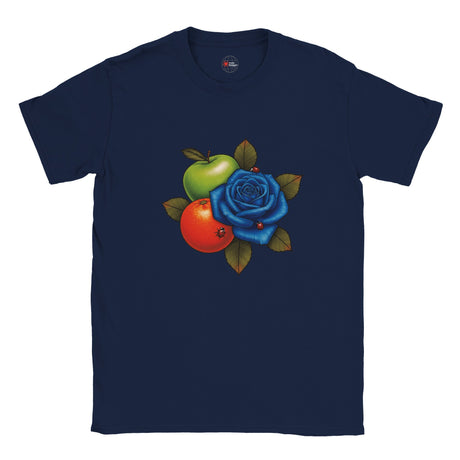 Navy blue t-shirt with a colorful fruit and flower design on a white background
