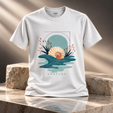 White Gildan 64000 graphic T-shirt featuring UNBOUND Shellwater coastal seashell artwork with teal ocean waves and botanical details.