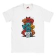 A flat lay white T-shirt featuring a vibrant graphic of cartoon puppies stacked in red, orange, blue, and yellow hues, with the playful text “WOOF? WOOF” below the design.