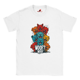 A flat lay white T-shirt featuring a vibrant graphic of cartoon puppies stacked in red, orange, blue, and yellow hues, with the playful text “WOOF? WOOF” below the design.
