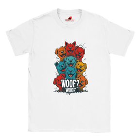 A flat lay white T-shirt featuring a vibrant graphic of cartoon puppies stacked in red, orange, blue, and yellow hues, with the playful text “WOOF? WOOF” below the design.