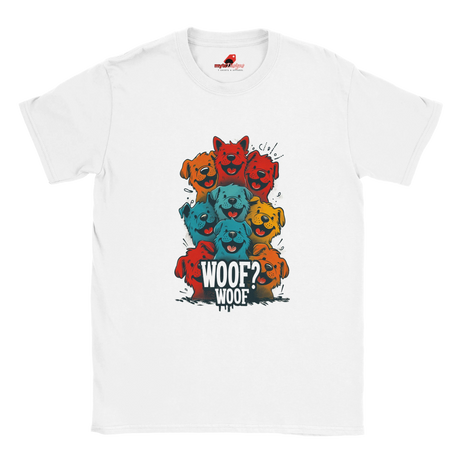 A flat lay white T-shirt featuring a vibrant graphic of cartoon puppies stacked in red, orange, blue, and yellow hues, with the playful text “WOOF? WOOF” below the design.