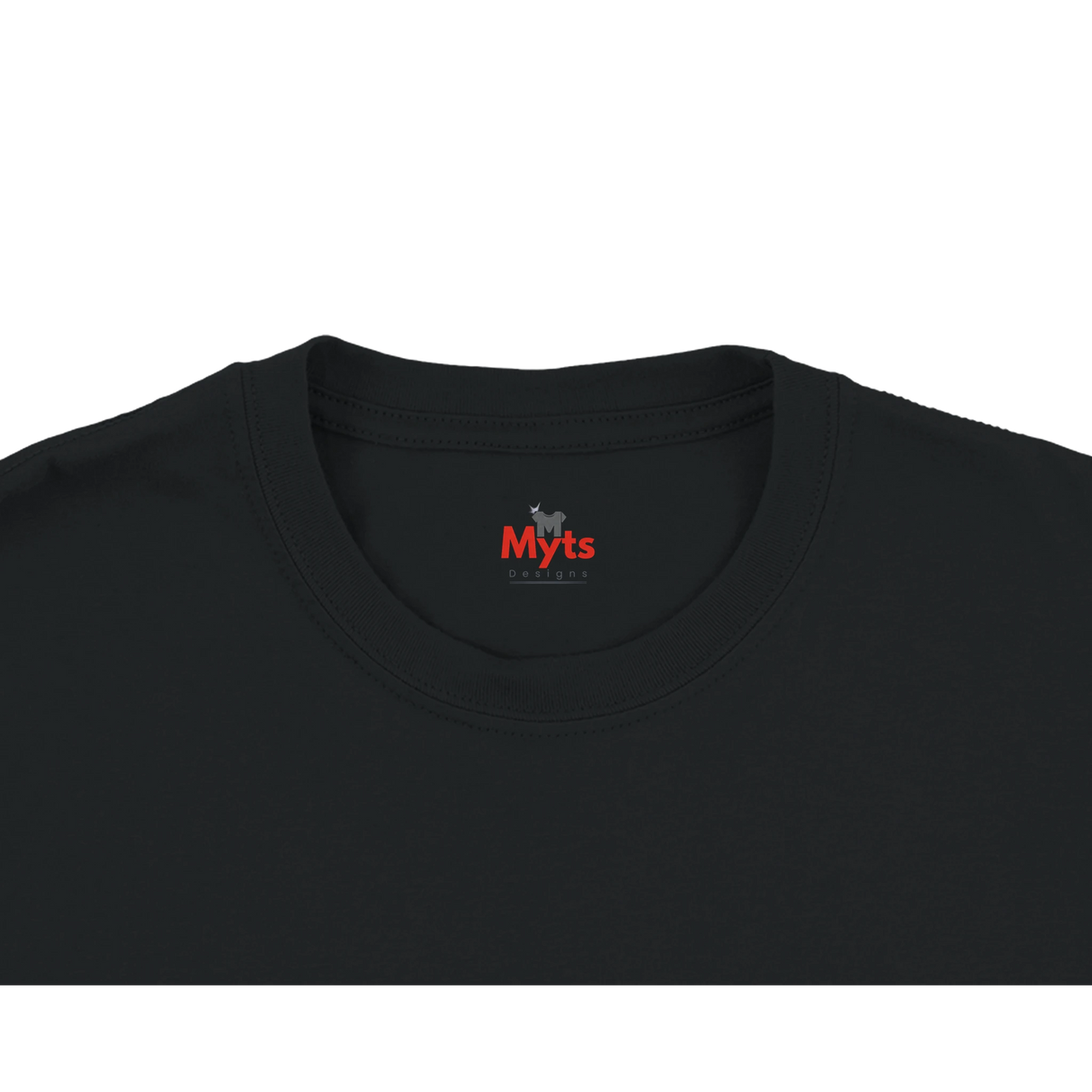 Black t-shirt with a red and white logo on a white background