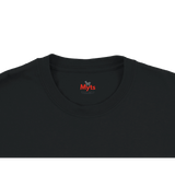 Black t-shirt with a red and white logo on a white background