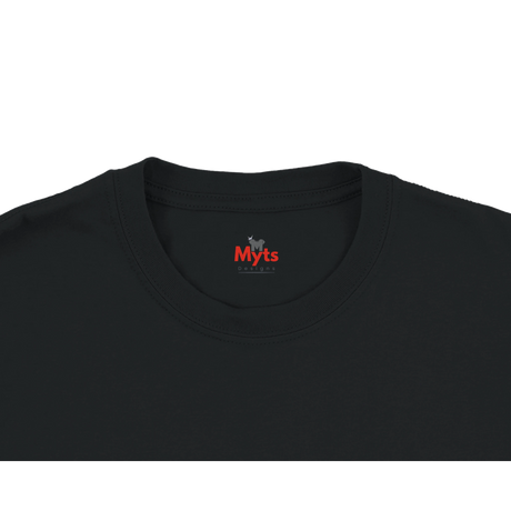Black t-shirt with a red and white logo on a white background