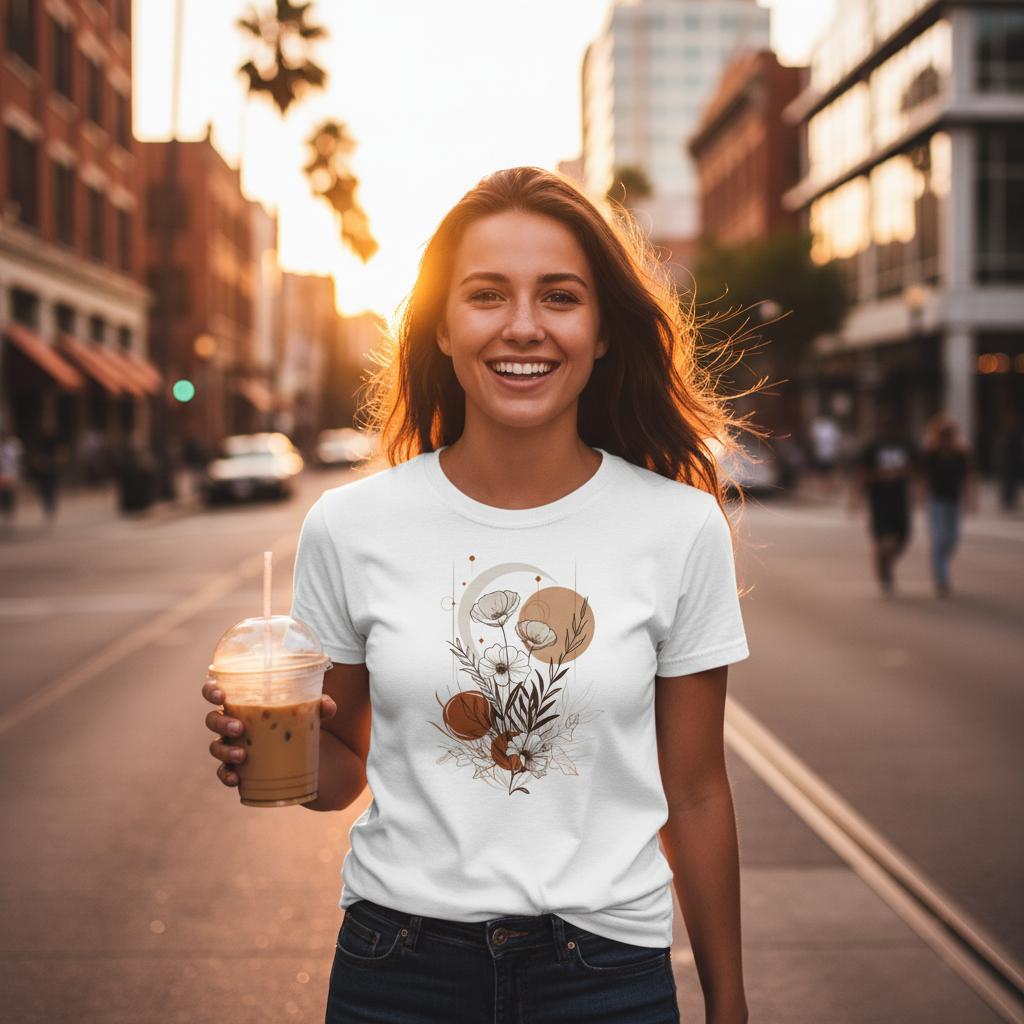 Woman holding a drink on a city street during sunset, wearing a white t-shirt with a graphic design.