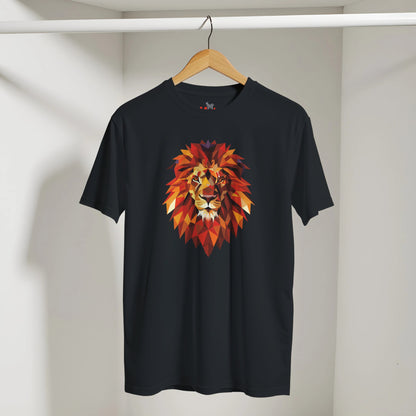 Black t-shirt with a colorful lion graphic on a hanger against a neutral background