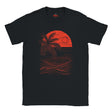 Black t-shirt with red palm tree and sunset design on a white background