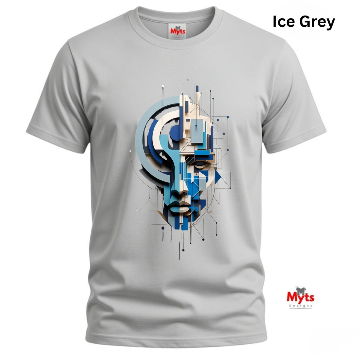 An ice grey short-sleeve crewneck t-shirt featuring a central graphic print of a stylized face in shades of blue, beige, and white, with geometric line details. The text 'Ice Grey' is displayed in the top right corner, and the 'Myts' brand logo is visible on the bottom right.
