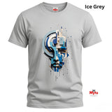 An ice grey short-sleeve crewneck t-shirt featuring a central graphic print of a stylized face in shades of blue, beige, and white, with geometric line details. The text 'Ice Grey' is displayed in the top right corner, and the 'Myts' brand logo is visible on the bottom right.