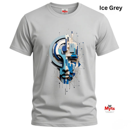 An ice grey short-sleeve crewneck t-shirt featuring a central graphic print of a stylized face in shades of blue, beige, and white, with geometric line details. The text 'Ice Grey' is displayed in the top right corner, and the 'Myts' brand logo is visible on the bottom right.