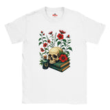 White t-shirt with a skull and floral design on a white background