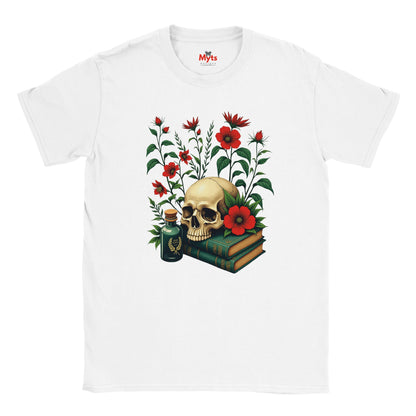 White t-shirt with a skull and floral design on a white background