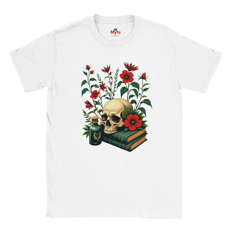 White t-shirt with a skull and floral design on a white background