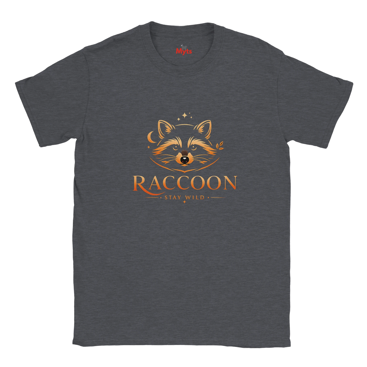 A dark heather gray crewneck t-shirt featuring a graphic of a raccoon's face with a moon and stars above it, and the text 'RACCOON' and 'STAY WILD' printed below in orange.