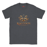 A dark heather gray crewneck t-shirt featuring a graphic of a raccoon's face with a moon and stars above it, and the text 'RACCOON' and 'STAY WILD' printed below in orange.