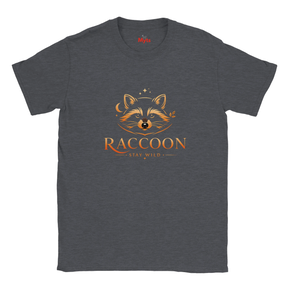 A dark heather gray crewneck t-shirt featuring a graphic of a raccoon's face with a moon and stars above it, and the text 'RACCOON' and 'STAY WILD' printed below in orange.