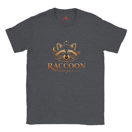 A dark heather gray crewneck t-shirt featuring a graphic of a raccoon's face with a moon and stars above it, and the text 'RACCOON' and 'STAY WILD' printed below in orange.