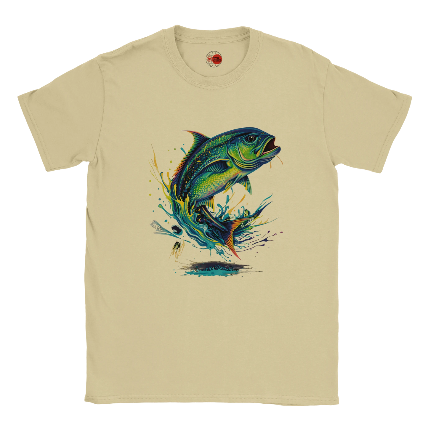 Natural t-shirt with a colorful fish graphic on a white background