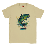 Natural t-shirt with a colorful fish graphic on a white background