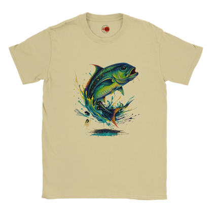 Natural t-shirt with a colorful fish graphic on a white background