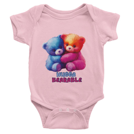 "Pink baby bodysuit with adorable bear graphics - 6M to 18M sizes" I