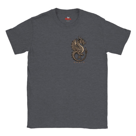 A dark heather gray crewneck t-shirt featuring a detailed metallic gold dragon graphic on the left chest, displayed against a solid white background.