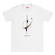 A white short-sleeve crewneck t-shirt featuring a minimalist abstract graphic print on the front. The graphic consists of a brown curved shape, black lines, and a small black bird silhouette, with the word 'UNBOUND' printed below in a dotted font.