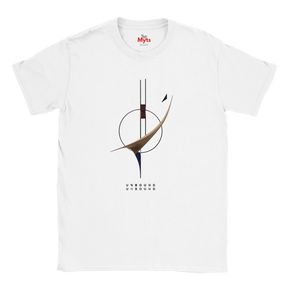A white short-sleeve crewneck t-shirt featuring a minimalist abstract graphic print on the front. The graphic consists of a brown curved shape, black lines, and a small black bird silhouette, with the word 'UNBOUND' printed below in a dotted font.