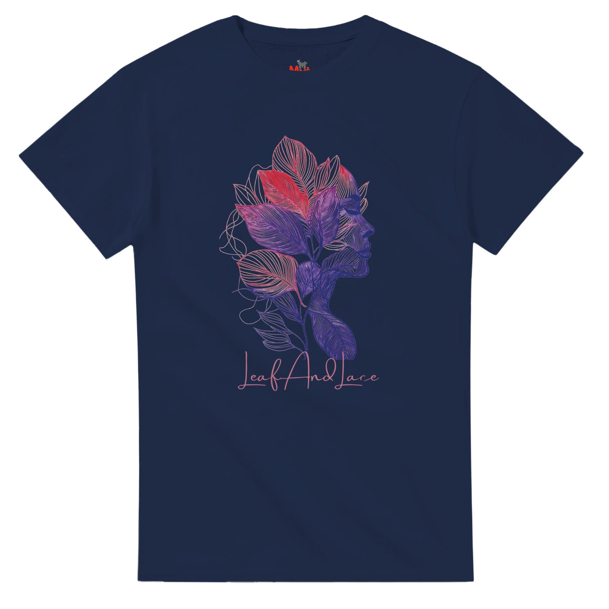 Navy blue t-shirt with a colorful floral design and 'Leaf and Lace' text on a white background