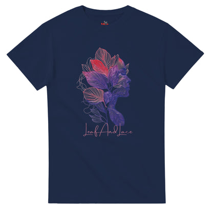 Navy blue t-shirt with a colorful floral design and 'Leaf and Lace' text on a white background